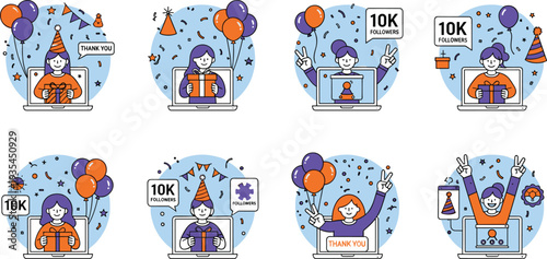 Social media milestone celebration icon set featuring characters celebrating ten thousand followers with balloons confetti and party hats for marketing.