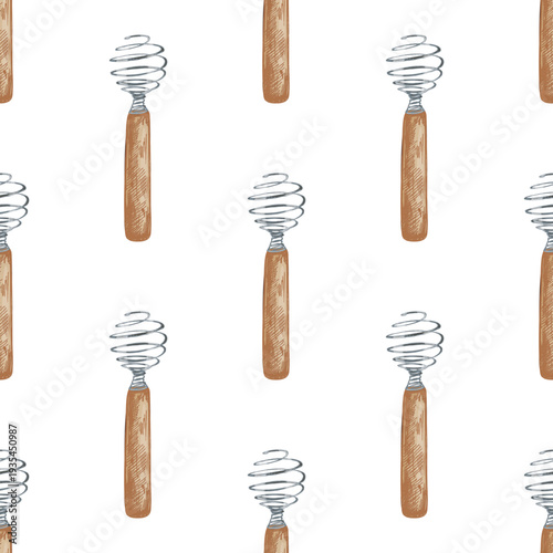 Hand drawn vintage seamless pattern with spiral whisk kitchen utensil engraving style culinary tool illustration