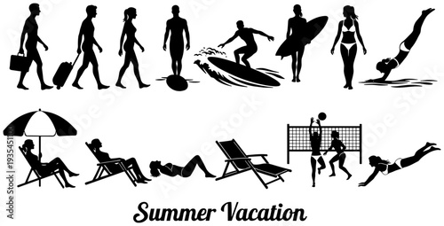 Black and White Silhouette Vector Set of Summer Vacation Beach Activities and Travel