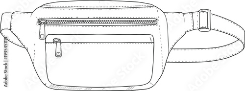 Technical fashion illustration of waist bag featuring adjustable strap with buckle, dual zippered compartments, stitching details, and functional fanny pack design for apparel and accessory concept