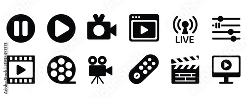 Collection of modern video and film production icons in black