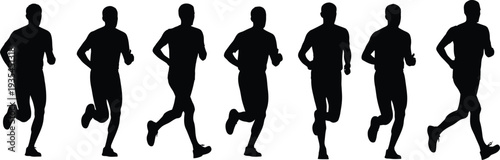 Collection of seven front-facing male runner silhouettes, black vector icons of athletes in dynamic jogging and sprinting poses isolated on white.