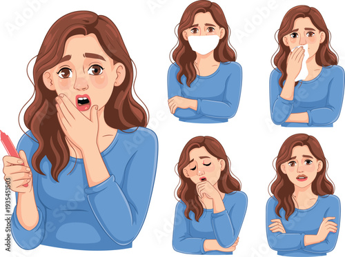 Sick woman with fever symptoms vector illustration, female character coughing sneezing wearing mask showing illness healthcare concept