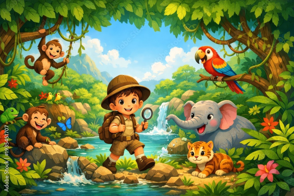 Naklejka premium ジャングルを冒険する子どもと動物たちのカラフルなイラスト（児童書・絵本カバー向け） / Colorful Jungle Adventure Illustration with Child Explorer and Playful Animals (Children’s Book Cover)