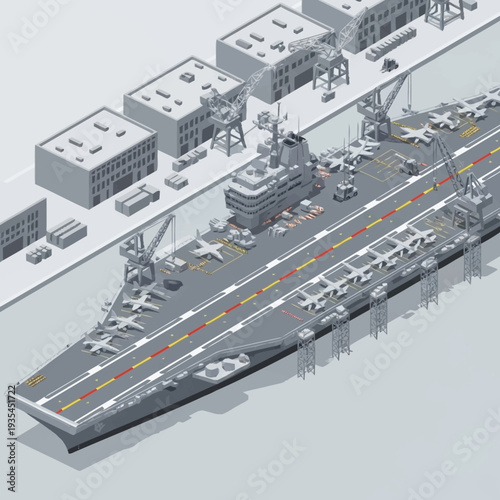 Aircraft Carrier Ship with Fighter Jets and Buildings.