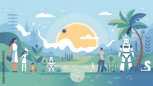 People and robots in a stylized landscape with sun and palm tree android human woman child