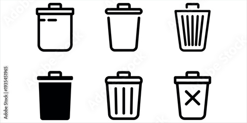 Trash Bin and Dustbin Icon Set with Waste Management and Delete Symbols Vector Illustration.