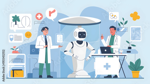 Two doctors interact with a robot in a medical setting with healthcare technology