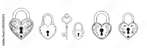 Assortment of engraved antique heart shaped padlocks and keys vector graphics