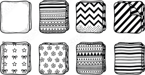 Hand Drawn Decorative Pillow and Cushion Icon Set Featuring Various Patterns Like Chevron Stripes and Florals Isolated on White Background for Home Decor Design