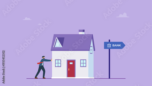 Businessman pushing house to the bank. Mortgage refinancing loan concept.