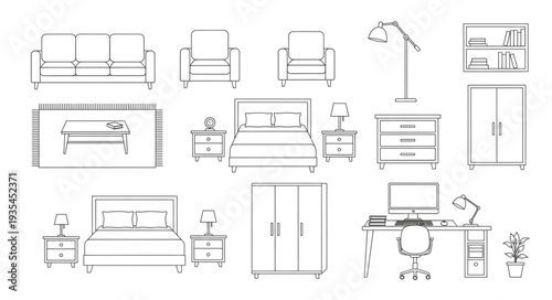 Collection of Hand Drawn Furniture Icons for Interior Design.