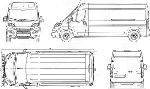 Technical line drawing of a commercial delivery cargo van featuring front side top and back view outlines for vehicle branding mockups.