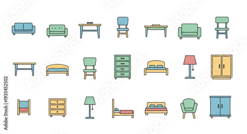 Collection of flat design furniture icons for home interior.