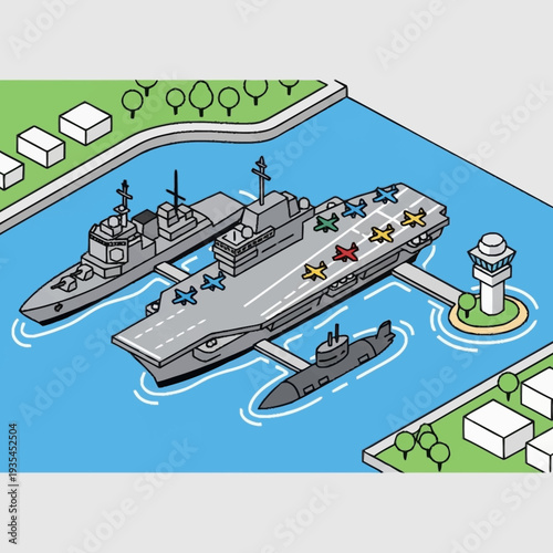 Aircraft Carrier with Escort Ships in Harbour.