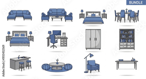 Collection of modern blue furniture items for home interior design.
