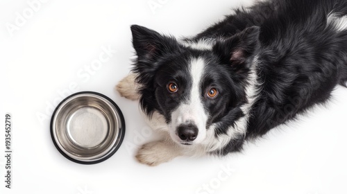 Dog border collie with an empty bowl looking up to the camera against white background