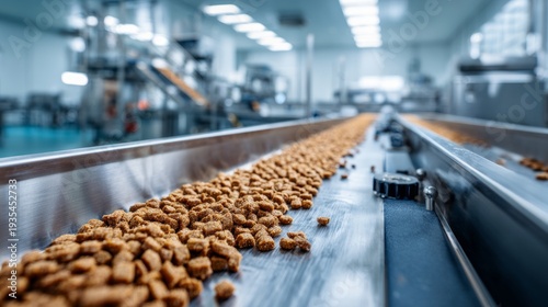 Factory producing the pet food, close-up of kibble moving on conveyor belt in factory setting 