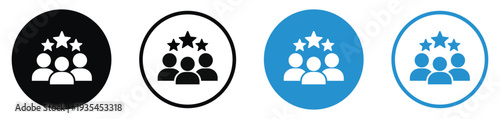 Three-person icon with three stars above them, representing a highly-rated team, customer testimonials, or user reviews. Available in black and blue solid and outline circle styles.