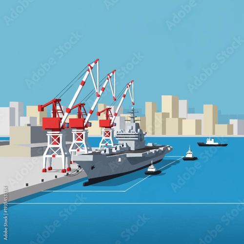 Large Cargo Ship with Cranes at Dock.