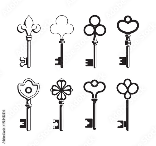 Set of elegant skeleton key vector silhouettes collection including outline and solid shapes elaborate key head designs.