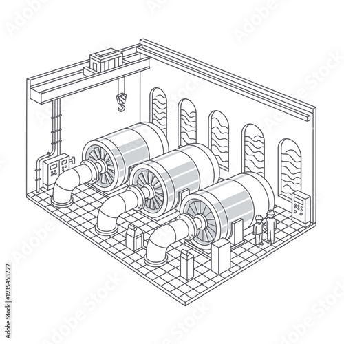 Modern Hydroelectric Dam Structure with Water Flowing Through Gates and Turbines in Isometric Vector Illustration
