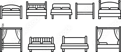 Minimalist Bedroom Furniture Icon Set Featuring Various Modern Bed Frames and Canopy Bed Outline Vectors for Interior Design, Home Decor, and Architectural Planning Graphics