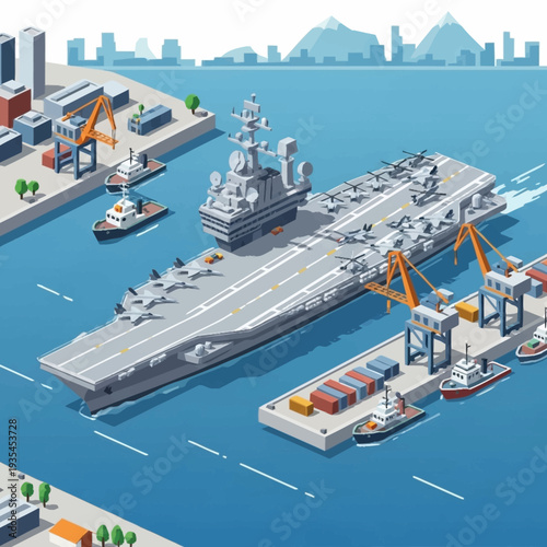 Aircraft Carrier Docked at Naval Port Facility.