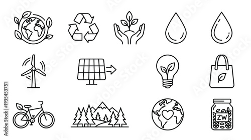 Collection of line art icons representing environmental protection, sustainability, renewable energy, and eco-friendly concepts.