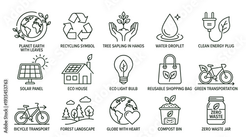 A comprehensive set of line art icons representing various environmental protection, sustainability, and eco-friendly concepts, perfect for illustrating green initiatives.