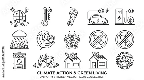 A collection of line art icons illustrating climate action, environmental protection, and sustainable green living concepts.