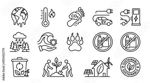 Collection of line icons representing environmental issues, climate change, pollution, renewable energy, sustainability, and eco-friendly solutions.