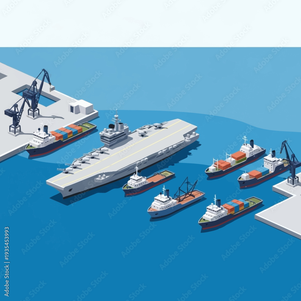 Naklejka premium Large Cargo Ship with Tugboats and Cranes.