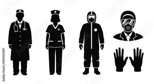 Four medical professionals and protective gear depicted as a striking silhouette