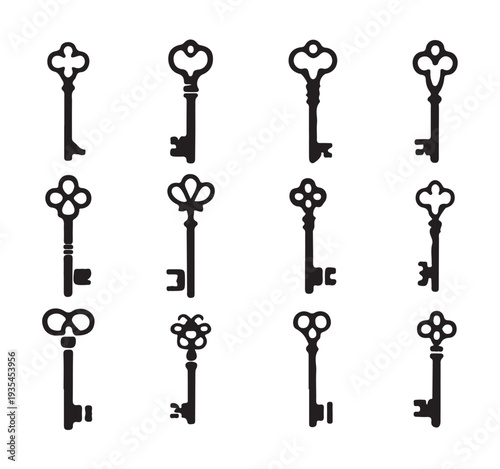 Collection of black and white antique keys decorative vintage designs for unlocking old secrets