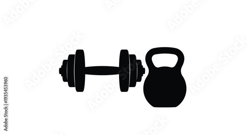 Black fitness equipment including a dumbbell and kettlebell silhouette high quality