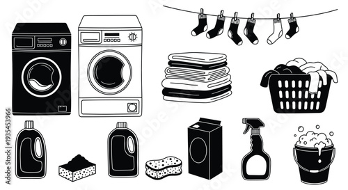 Laundry room appliances and clothesline with socks a distinct silhouette