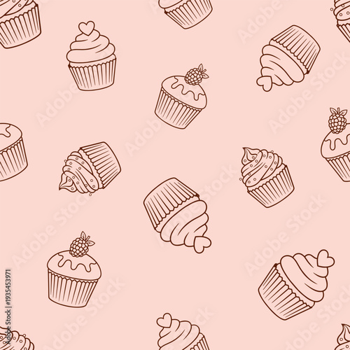 Monochrome muffin pattern in mocha brown colors. Vector seamless background with sweet desserts line art. EPS 10