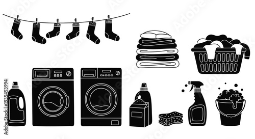 Laundry day icons featuring socks machines and bubbles a silhouette