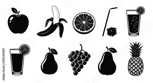 Variety of fruit and beverage illustrations in a bold black silhouette