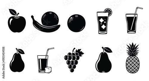 Black and white fruit and drink icons in a flat style silhouette