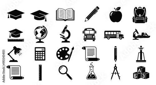 Collection of black silhouettes representing education and learning concepts silhouette