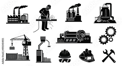 Industrial scene depicting factories workers and equipment in black silhouette