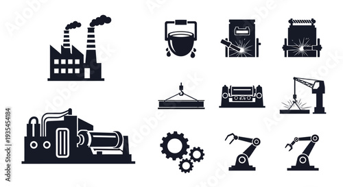 Industrial icons depict factory elements machinery and production processes silhouette