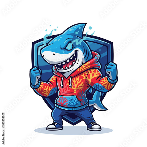 Shark Mascot in colorful hoodie posing with shield