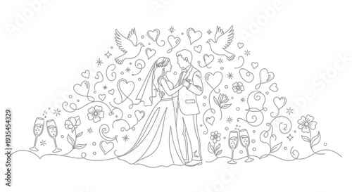 A couple embracing amid romantic floral elements a delicate silhouette