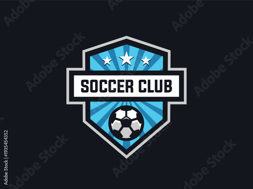 Modern sports shield with sunburst background. Versatile soccer badge template for e-sports or football teams. High-quality vector element for athletic branding and club identity.
