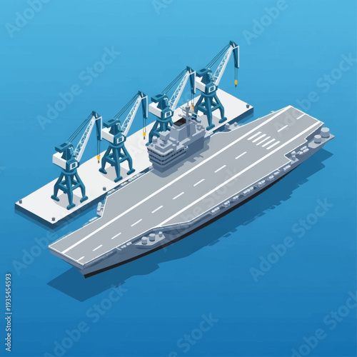 Aircraft Carrier Ship with Cranes and Runway.