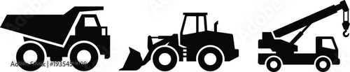 Set of black heavy machinery silhouettes isolated on white background, including dump truck, bulldozer and crane for industrial construction design,