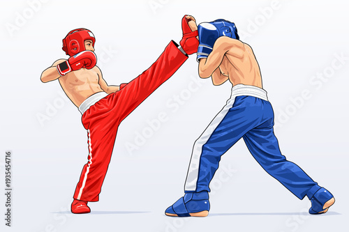 070-34-Two shirtless kickboxers training, one kicking another wearing protective gear